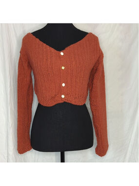 Handmade Crochet Cropped Cardigan Wide Neck Antique Buttons Sz M Rust Orange